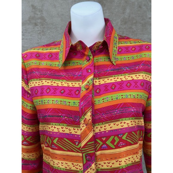 Vintage G2 George Gross Top Womens 10 Pink Orange Stripe Button Up Silk Colorful - Picture 2 of 11
